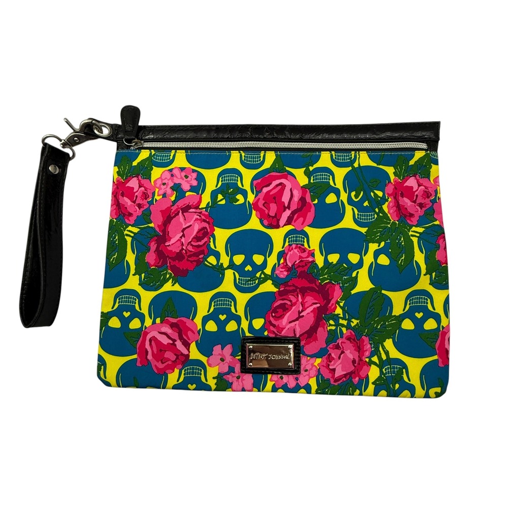 Betsey Johnson Wristlet Womens Yellow Skull Floral Rose Punk Rocker Pouch Bag